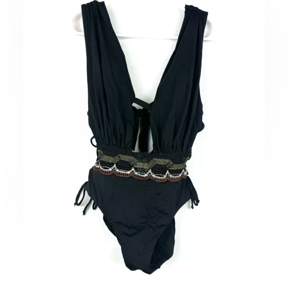 BECCA Womens Crochet Plunge One Piece Swimsuit Black Small